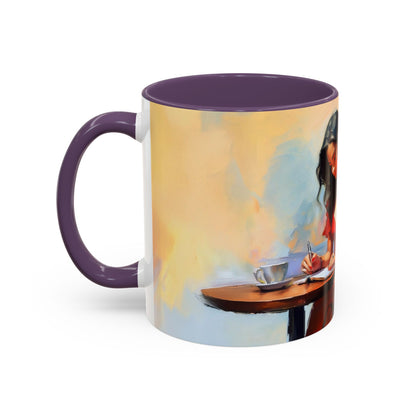 Artistic Red Dress Accent Coffee Mug - 11oz nestled in a cozy corner with a book