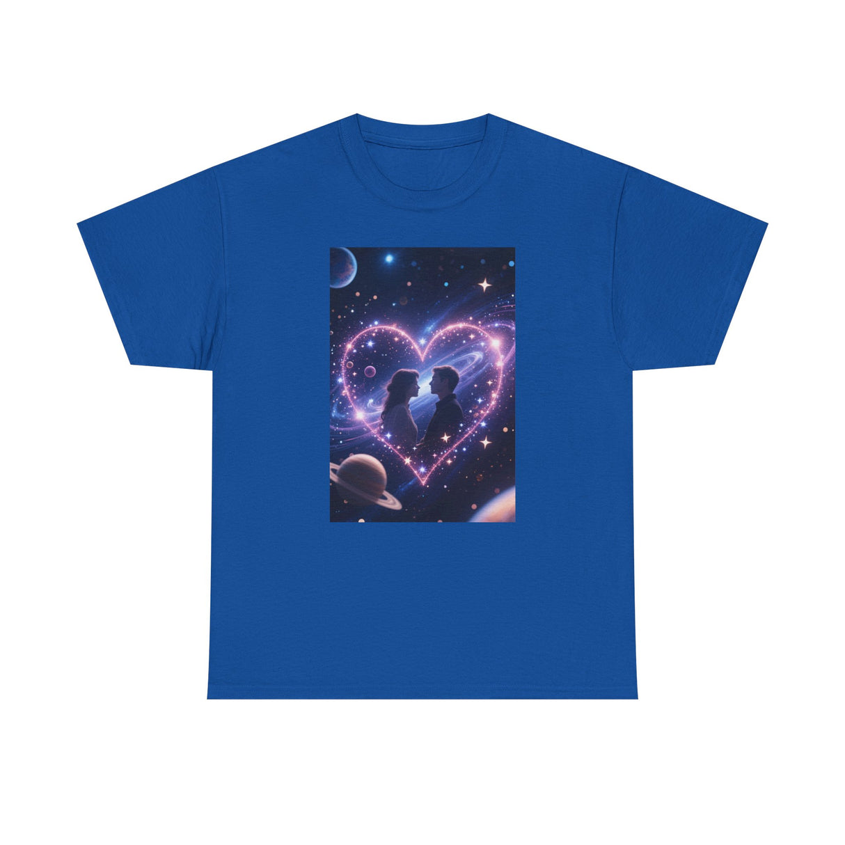 Galaxy Heart Couple T-Shirt displayed flat, showcasing the vibrant colors of the space-inspired graphic.
