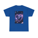 Galaxy Heart Couple T-Shirt displayed flat, showcasing the vibrant colors of the space-inspired graphic.