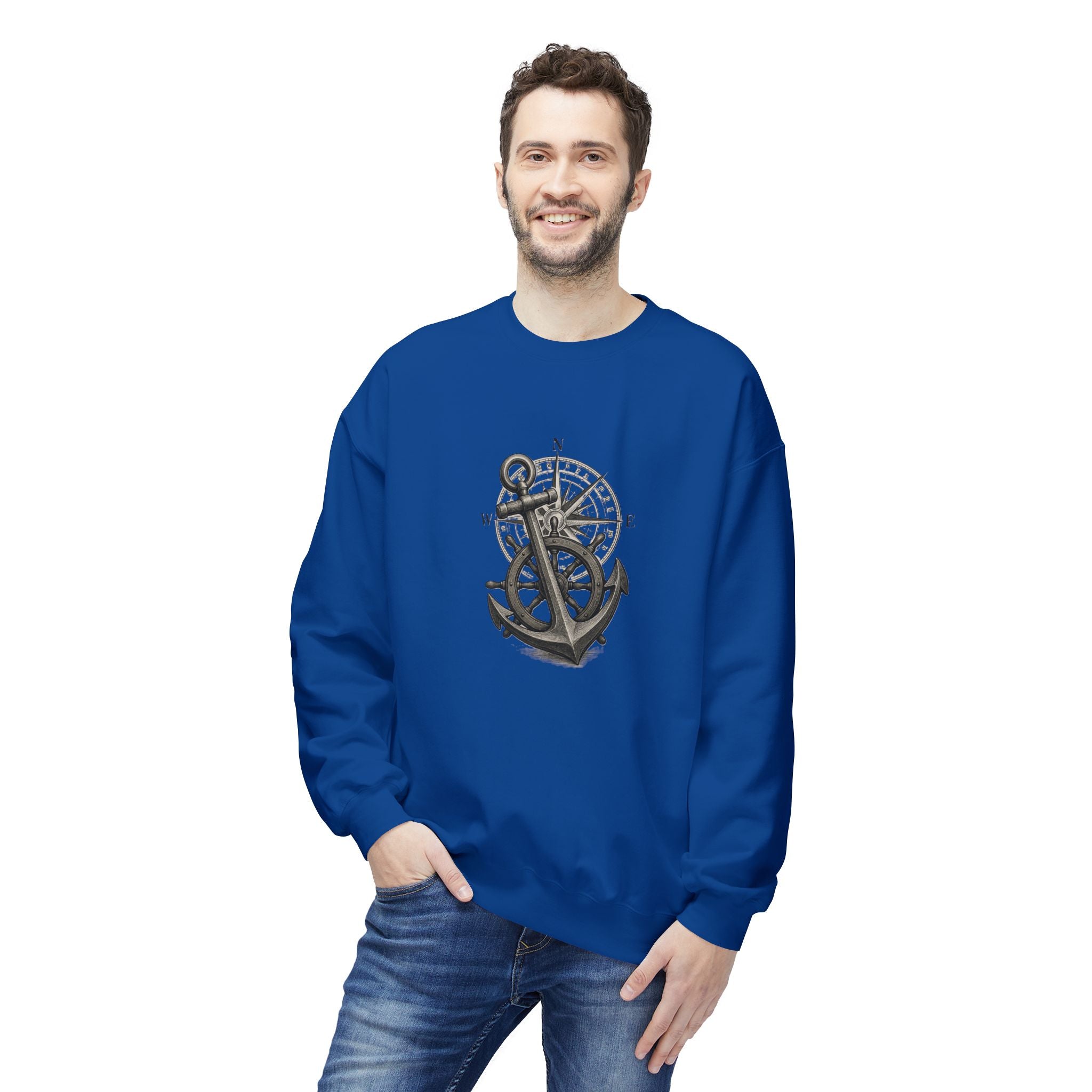 Nautical Anchor &amp; Compass Crewneck Sweatshirt Maritime Emblem US
