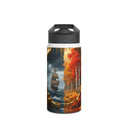 Autumn Voyage Stainless Steel Water Bottle featuring a scenic depiction of a sailing ship and autumn forest on a matte surface.