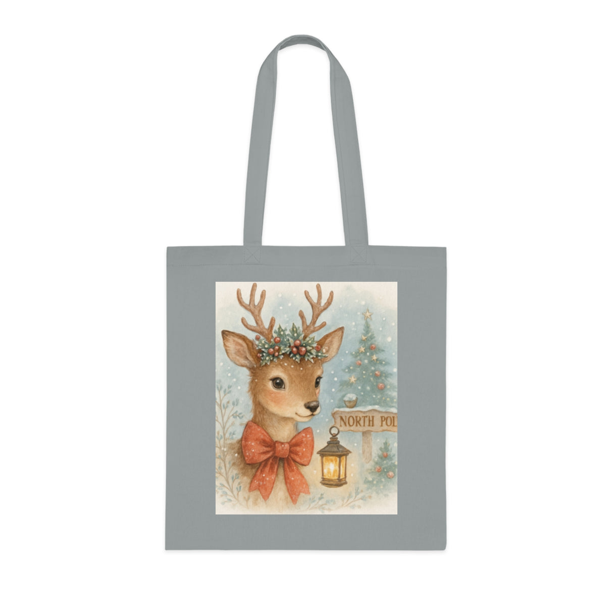 Christmas Reindeer Tote Bag captured against a snowy backdrop, enhancing the winter wonderland theme of the bag.