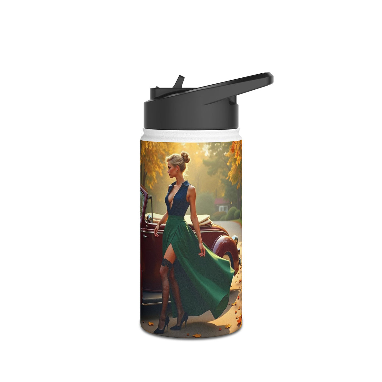 Vintage Red Convertible Water Bottle with autumn-themed design and matte finish, perfect for road trips.