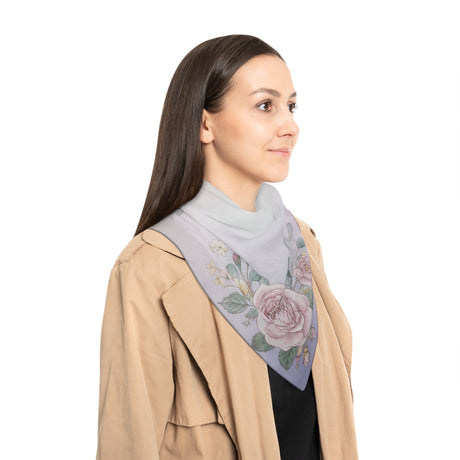 Floral Pastel Square Scarf – Rose & Eucalyptus Silk-Like Print draped elegantly over shoulders, emphasizing its lightweight and airy feel.