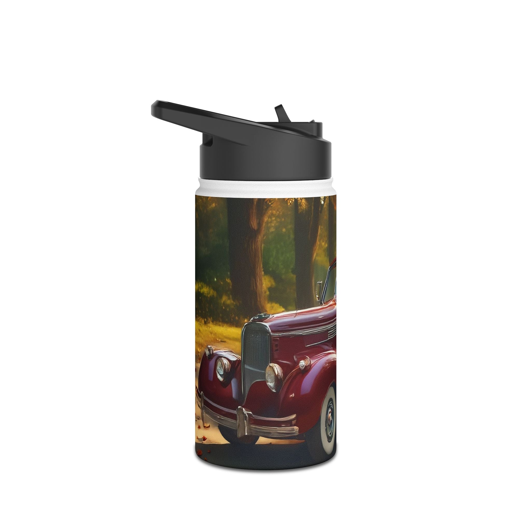 Lifestyle image of the Vintage Red Convertible Water Bottle in use at a park during a sunny autumn day.