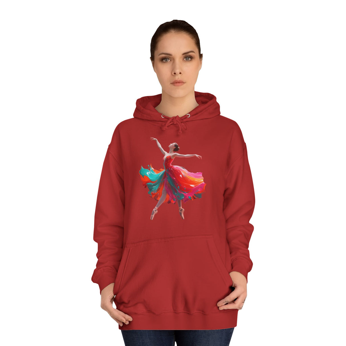 Model showcasing Ballet Dancer Art Hoodie in urban setting, blending artistic flair with casual fashion.