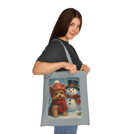 Lightweight Christmas Snowman Tote Bag showcasing a festive snowman with mittens and a twinkling tree.