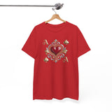 The Ace of Hearts T-Shirt displayed in a colorful urban environment, symbolizing a blend of vintage and modern styles.