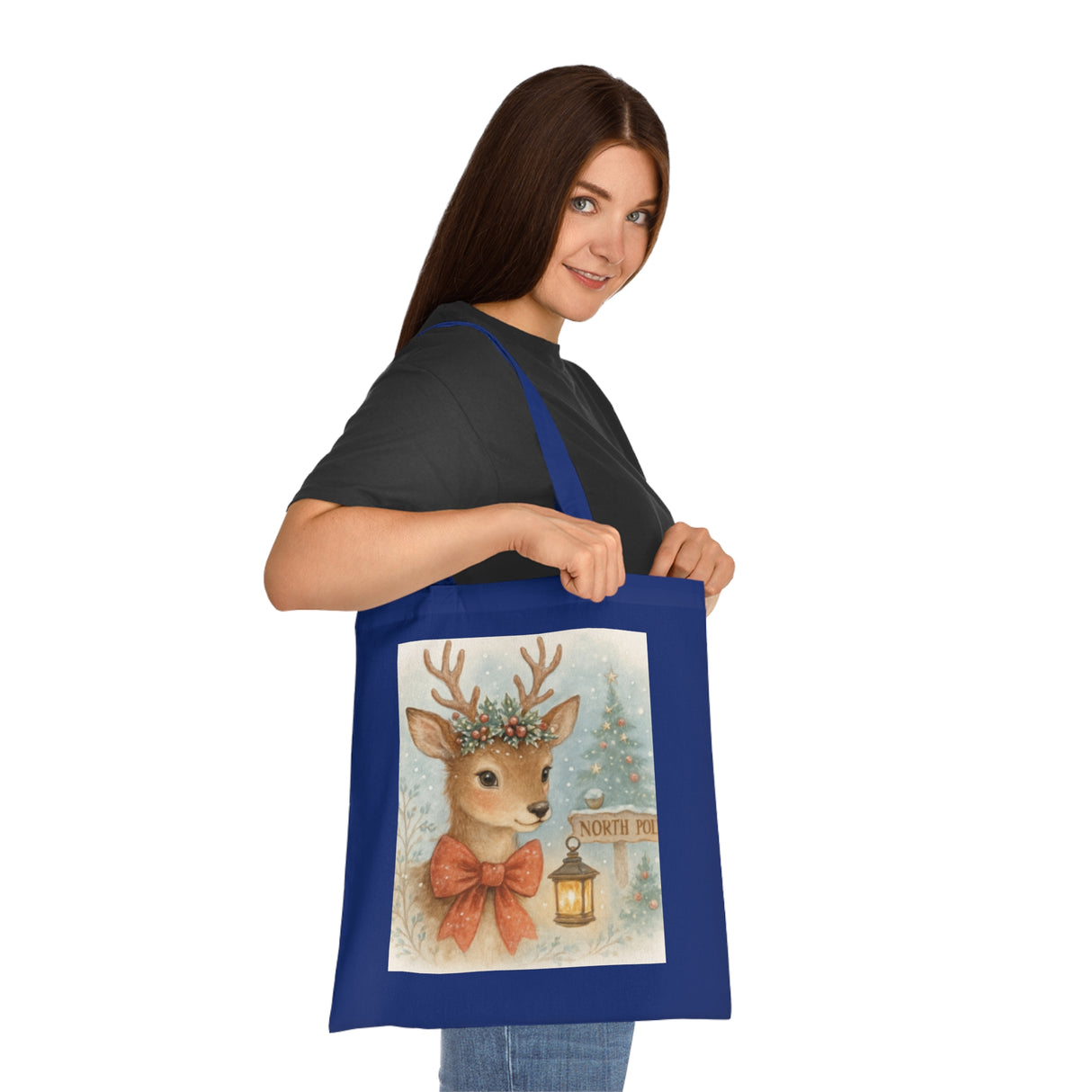 Close-up of the design on the Christmas Reindeer Tote Bag highlighting the holiday spirit with lantern and bow.