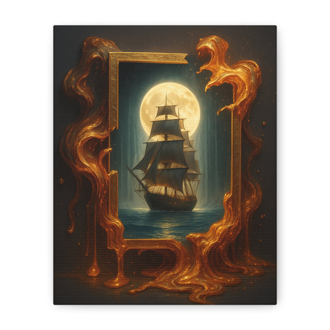 Sailing Ship Moonlight Canvas - Nautical Wall Art Matte Stretched showcasing a moonlit clipper sailing across tranquil waters with golden highlights.