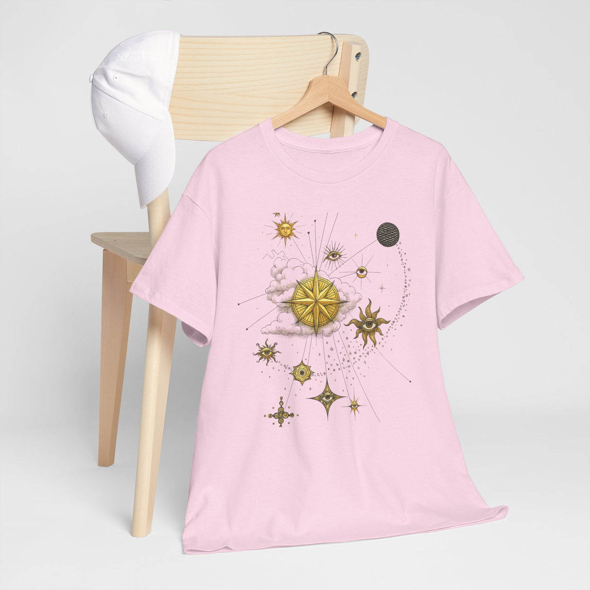 Celestial Gold Star Map T-Shirt displayed on a hanger, showing the vibrant golden star graphics.