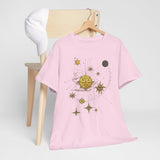 Celestial Gold Star Map T-Shirt displayed on a hanger, showing the vibrant golden star graphics.