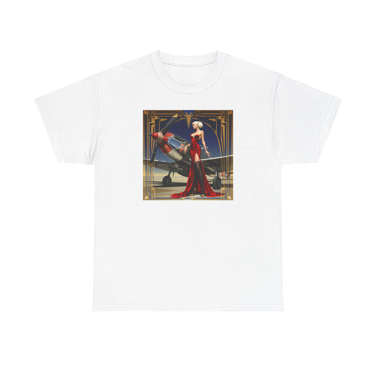 Close-up of Art Deco Aviatrix Tee showcasing a stylish figure in a red gown beside a classic propeller plane.