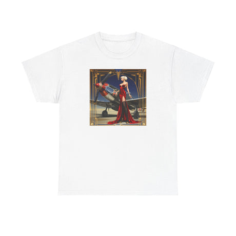 Close-up of Art Deco Aviatrix Tee showcasing a stylish figure in a red gown beside a classic propeller plane.