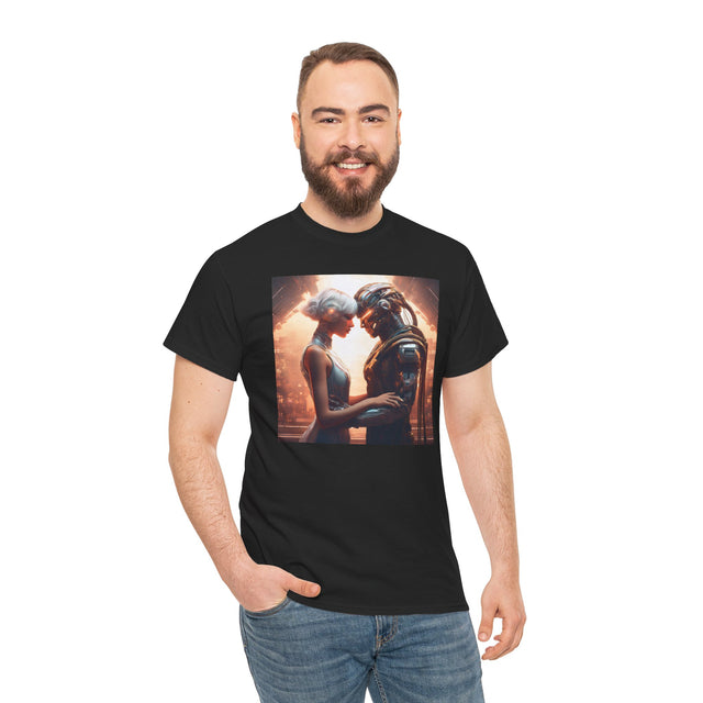 Romantic Sci-Fi Couple Tee — Futuristic Lovers Graphic T-Shirt showcasing a human and helmeted figure in a warm light embrace.