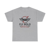 Close-up of the aviation emblem on the Fly Bold Graphic Tee captured in natural light.
