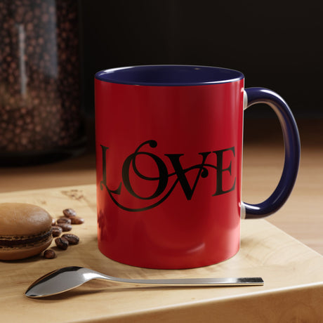 Love Script Accent Coffee Mug — Red & Black Romantic Ceramic Coffee Cup (11oz)