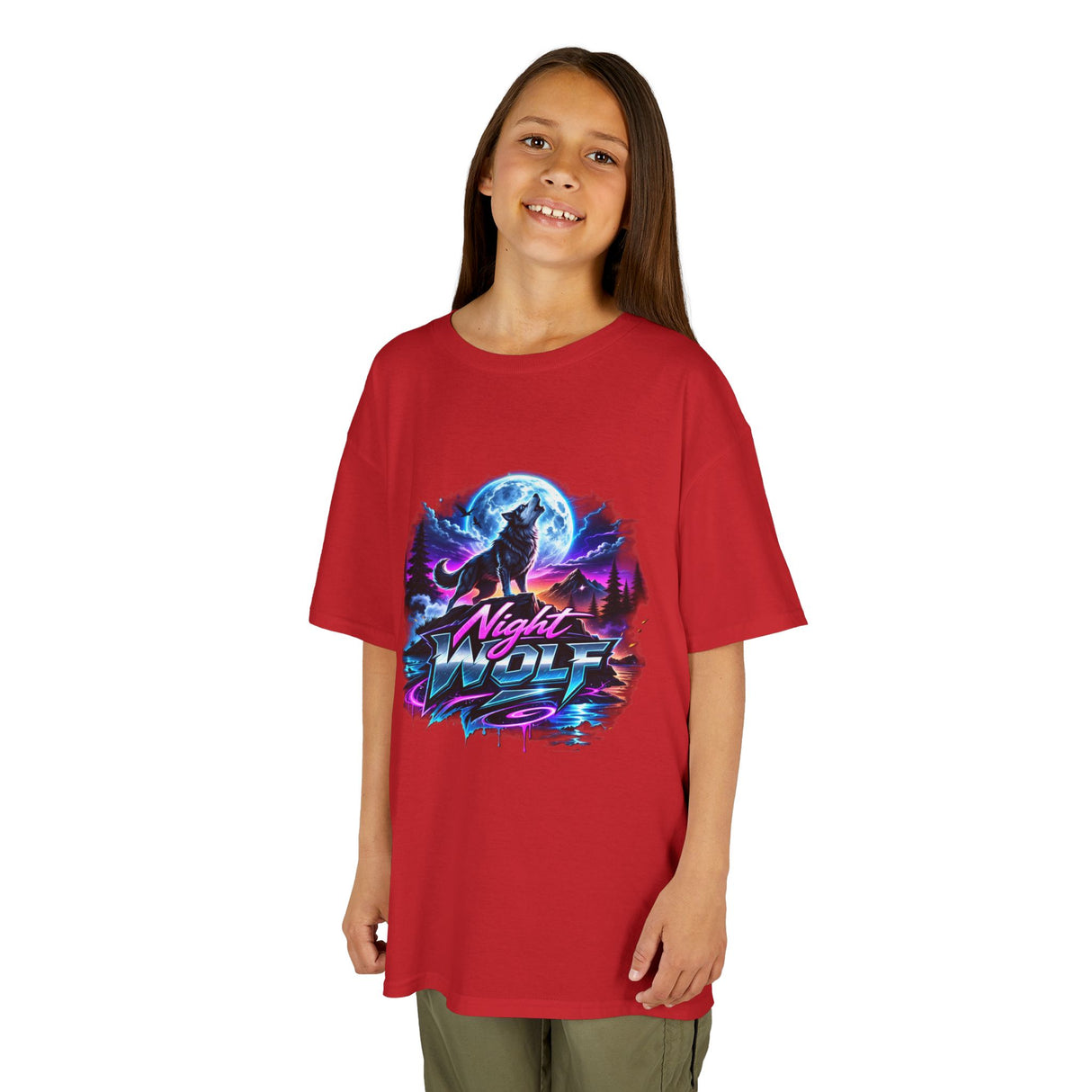 Retro 'Night Wolf' Neon Synthwave Graphic Tee —  Kids T‑Shirt