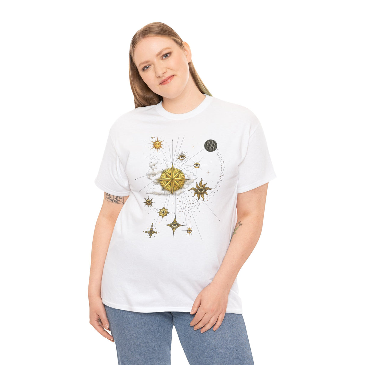 Celestial Gold Star Map T-Shirt draped stylishly on a chair, showcasing its fabric quality.