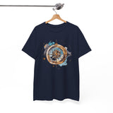 Compass Rose T-Shirt on a wooden table with nautical props emphasizing its adventure theme — Vintage Nautical Adventure Graphic Tee