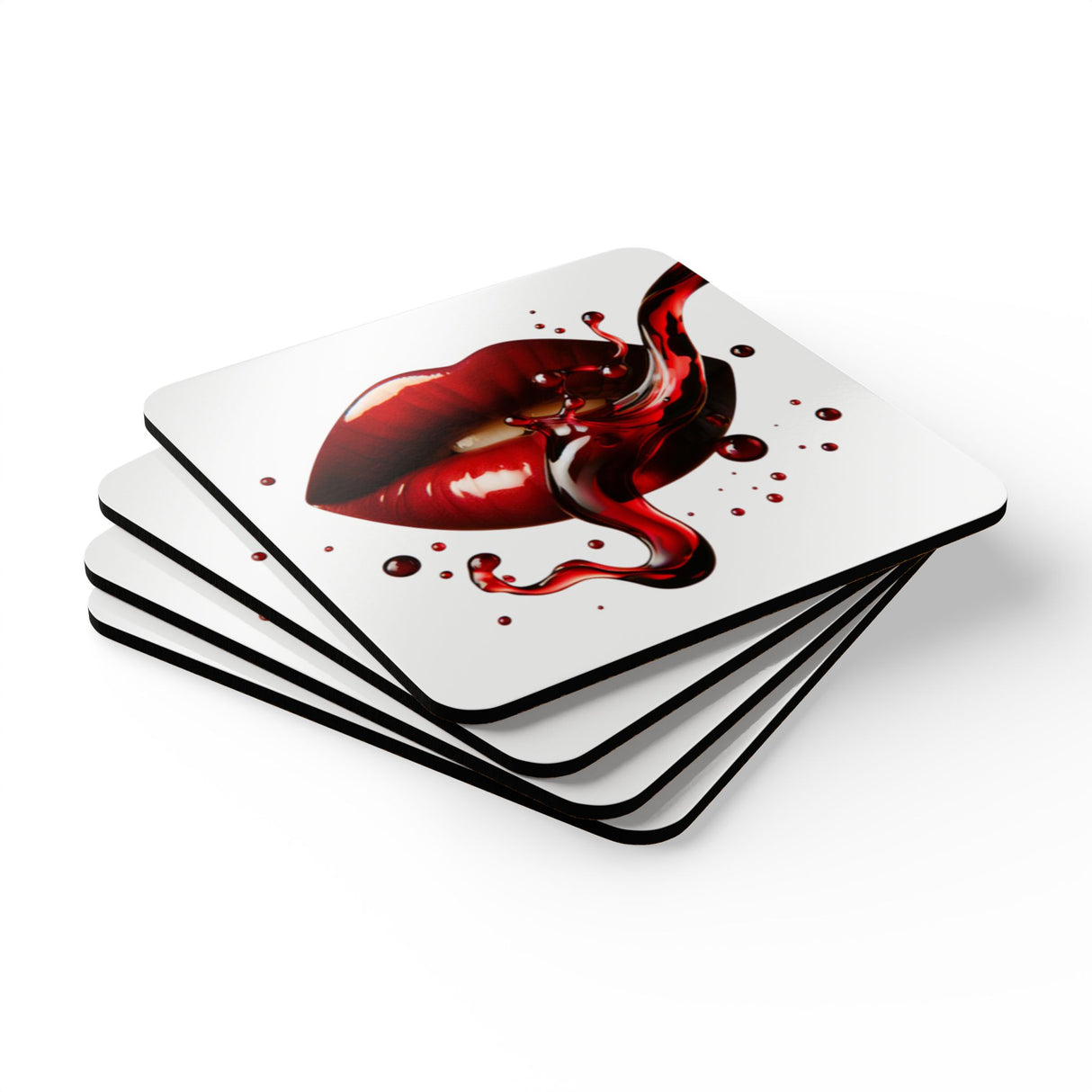 Cork Coaster Set featuring red wine lips splash design — perfect for wine lovers! Protect your furniture with style.