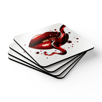 Cork Coaster Set featuring red wine lips splash design — perfect for wine lovers! Protect your furniture with style.