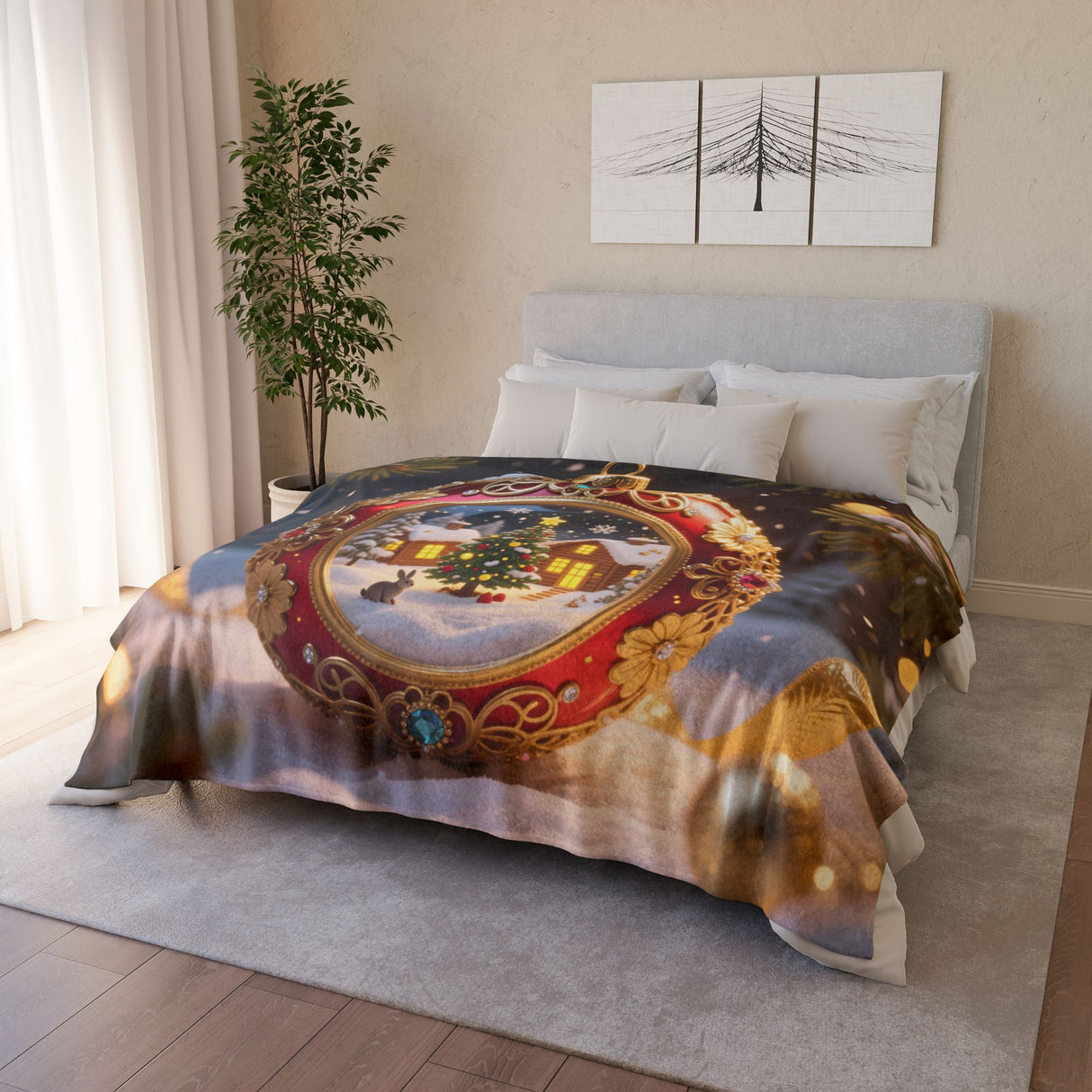 Lifestyle shot of the Christmas Ornament Holiday Blanket — Cozy Festive Throw being enjoyed by friends during a holiday gathering.