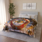 Lifestyle shot of the Christmas Ornament Holiday Blanket — Cozy Festive Throw being enjoyed by friends during a holiday gathering.