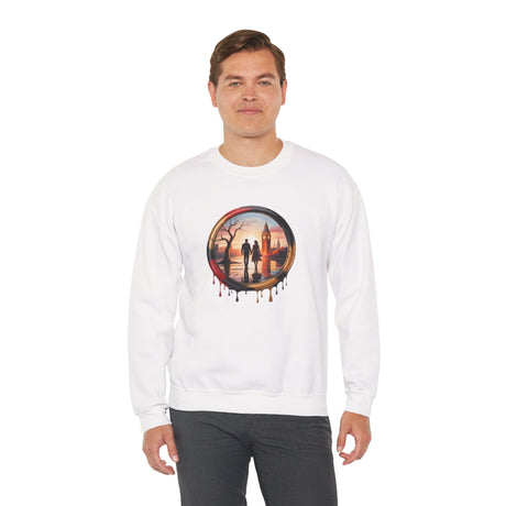 Detailed view of the Sunset Couple Silhouette design on Sweatshirt Men - showcasing the artistic dripping circle.