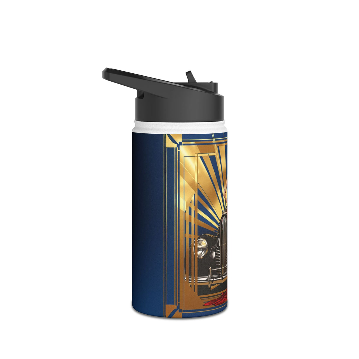 Close-up of the Vibrant print on the Art Deco Glamour Stainless Steel Water Bottle, showcasing the 'Vintage Siren' Red Gown.