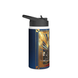 Close-up of the Vibrant print on the Art Deco Glamour Stainless Steel Water Bottle, showcasing the 'Vintage Siren' Red Gown.