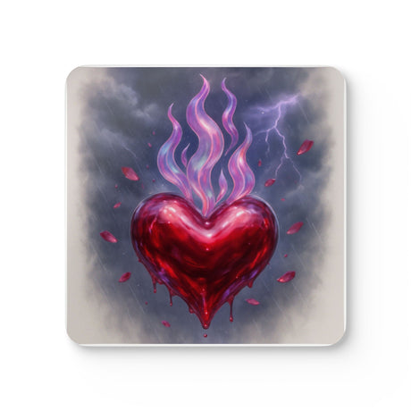 Flaming Heart Cork Coaster Set featuring vibrant heart design and flickering purple flames, perfect for gothic romantic decor.