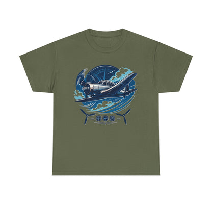 Vintage Propeller Plane T-Shirt on a hanger, emphasizing its classic cotton material and everyday comfort.