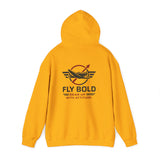 Fly Bold Hoodie featured in outdoor setting for airport spotting enthusiasts.