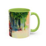 Artistic Red Dress Accent Coffee Mug - 11oz arranged in a bright cheerful setting