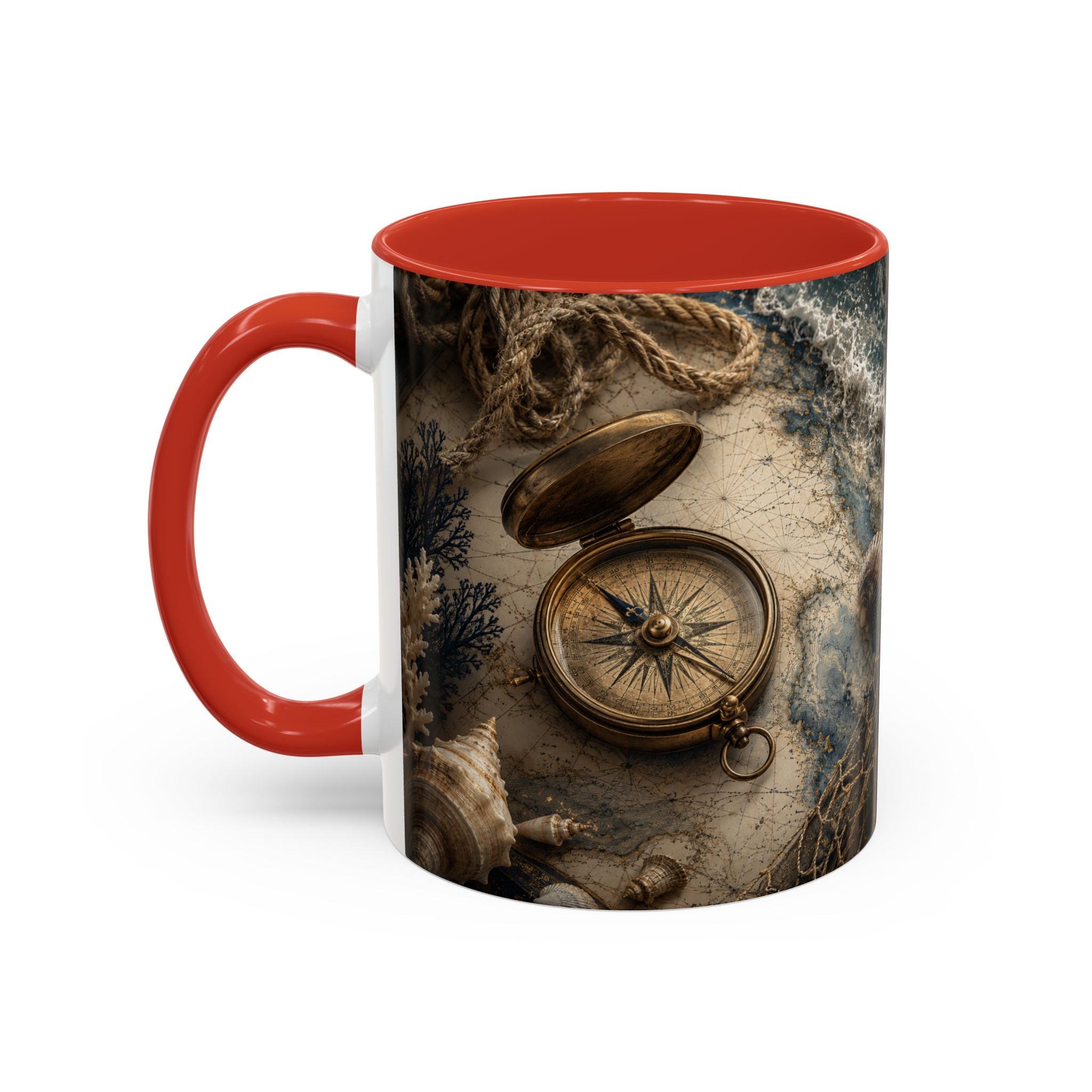 Nautical Compass Accent Coffee Mug – Vintage Sea Shells &amp; Compass Travel Design (11oz)