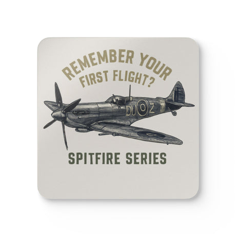 Close-up of Spitfire Coaster Set — 'Remember Your First Flight?' showcasing the detailed, handcrafted look of vintage plane artwork.