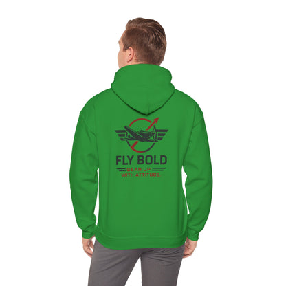 Fly Bold Hoodie laid out flat, highlighting the clean white backdrop and graphic.