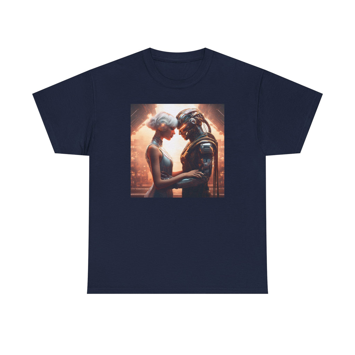 Romantic Sci-Fi Couple Tee — Futuristic Lovers Graphic T-Shirt featuring strong cotton fabric ideal for daily wear.