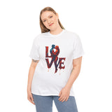 LOVE Couple Silhouette T-Shirt — Romantic Dripping Love Design displayed casually indoors for a laid-back vibe.