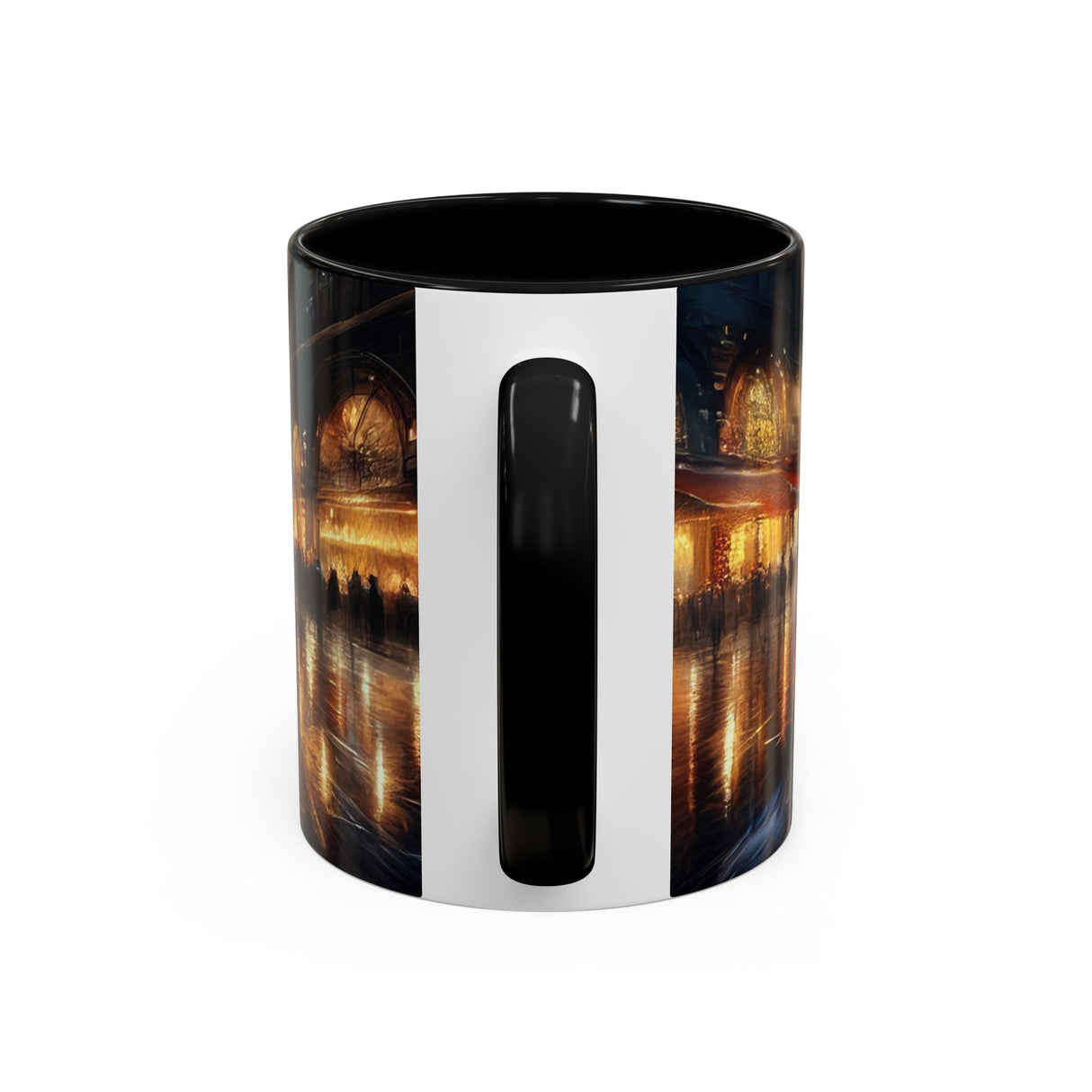 Elegant Nighttime Cityscape Coffee Mug displayed with a beautiful sunset backdrop, perfect for coffee lovers.