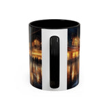 Elegant Nighttime Cityscape Coffee Mug displayed with a beautiful sunset backdrop, perfect for coffee lovers.