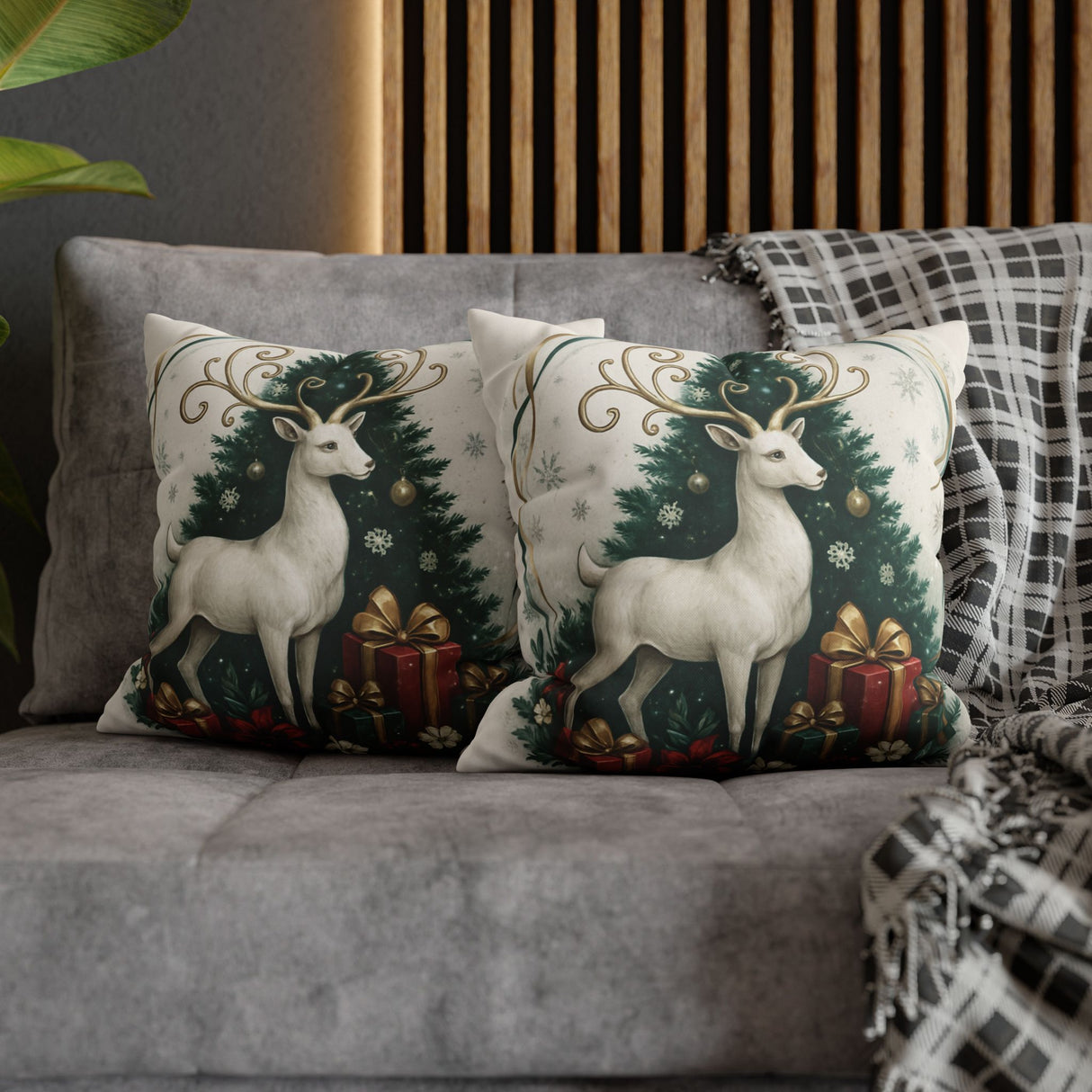 Close-up of the festive white deer and tree design on the Christmas Reindeer Pillowcase, ideal for adding seasonal charm to any living space.