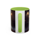 Elegant Red Dress Coffee Mug beautifully displaying artistic city scene, great for home decor.