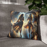 Rainy Night Stroll Decorative Pillowcase featuring a soft pillow with vibrant print, 16" × 16" showing colorful city lights and two figures under an umbrella.