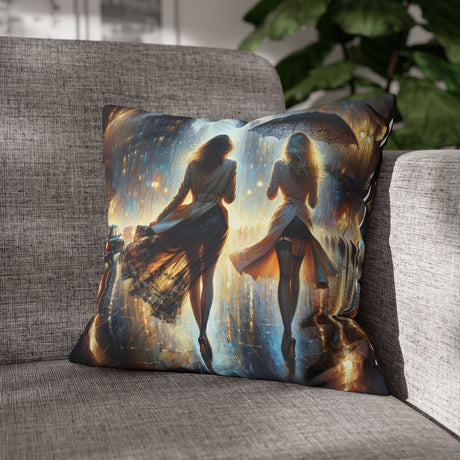 Rainy Night Stroll Decorative Pillowcase featuring a soft pillow with vibrant print, 16" × 16" showing colorful city lights and two figures under an umbrella.