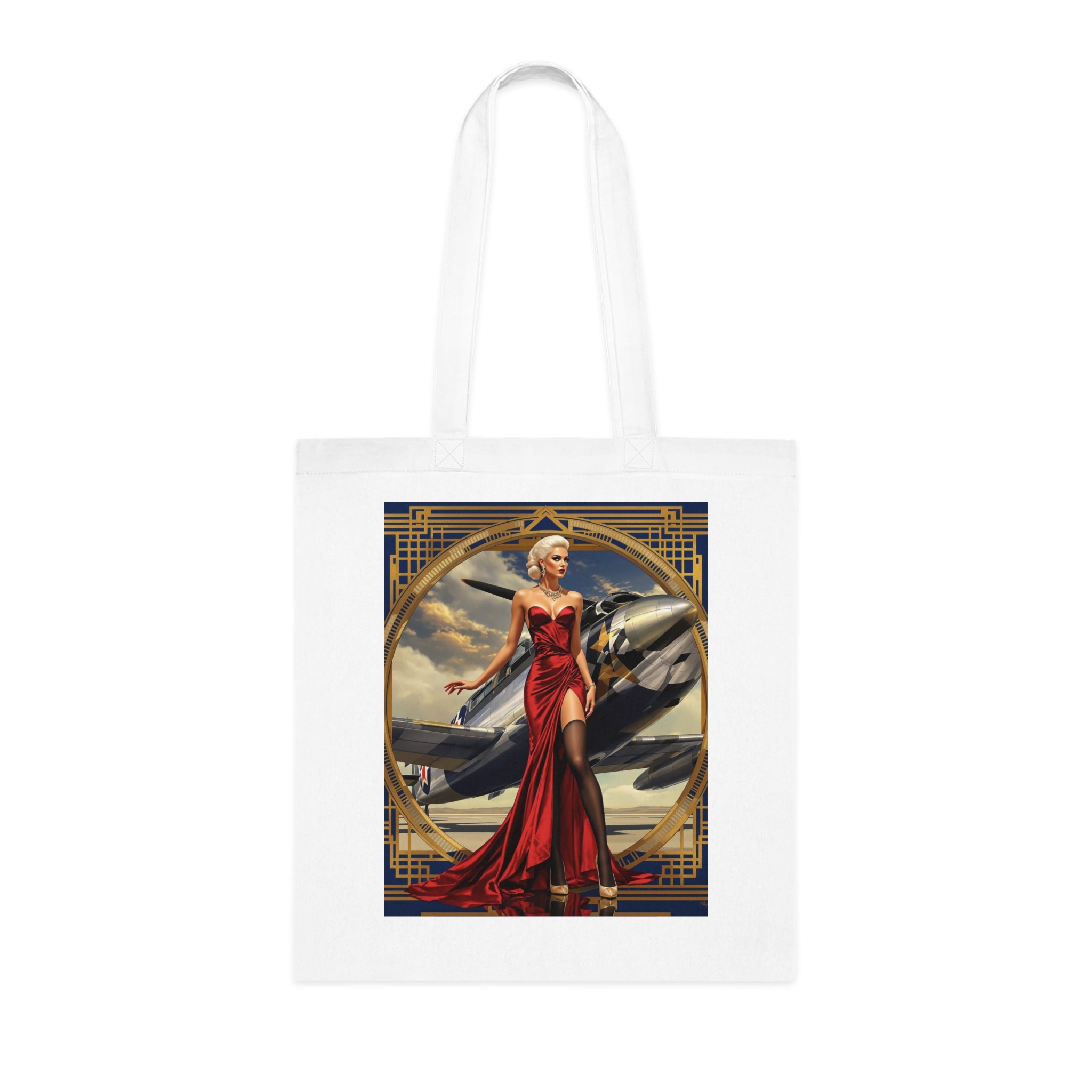 Detailed close-up of the Vintage Pinup Tote Bag showcasing the vibrant red dress design and high-quality cotton fabric.