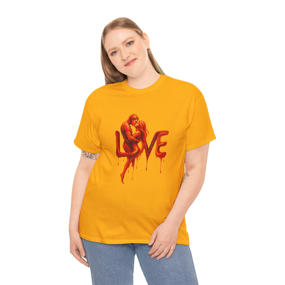 Casual wear option featuring Love Silhouette T-Shirt - Romantic Dripping Heart Design seen on a street.