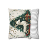 Elegant Christmas Reindeer Pillowcase with muted greens and warm golds, showcasing a reindeer by a Christmas tree, 16" x 16" square throw pillow cover.