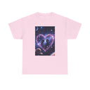 Detailed view of the Galaxy Heart Couple T-Shirt fabric showing breathable cotton and a smooth print texture.
